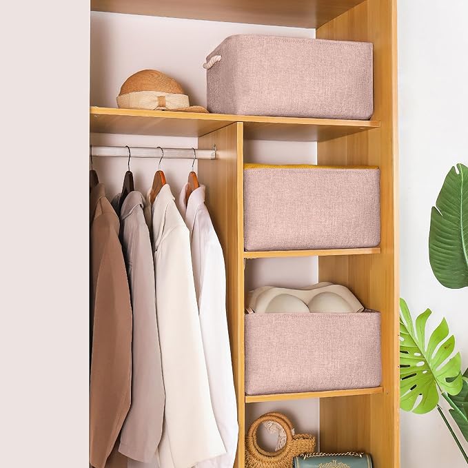 Storage Bins with Sturdy Cotton Handles(1 Pack), Fabric Storage Baskets for Organizing use for Office & Home, Book, Clothes, Toys, Closet Boxes (Medium, Pink, 14.2x10.2x7.1 inches)