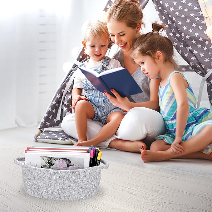 Small Woven Basket Cute Oval Cotton Rope Gifts Basket with Handle Empty Baby Wicker Storage Baskets Nursery Box Bin Kids Organizer Cat Dog Toy Baskets Easter Baskets Grey