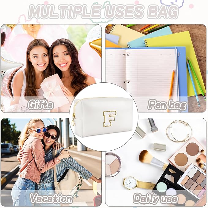 Gifts for Girls Initial Makeup Bag Personalized Cosmetic Bag with Zipper Cute Travel Toiletry Bags Waterproof PU Preppy Makeup Pouch Birthday Gift for Teen Girls Women(White F)