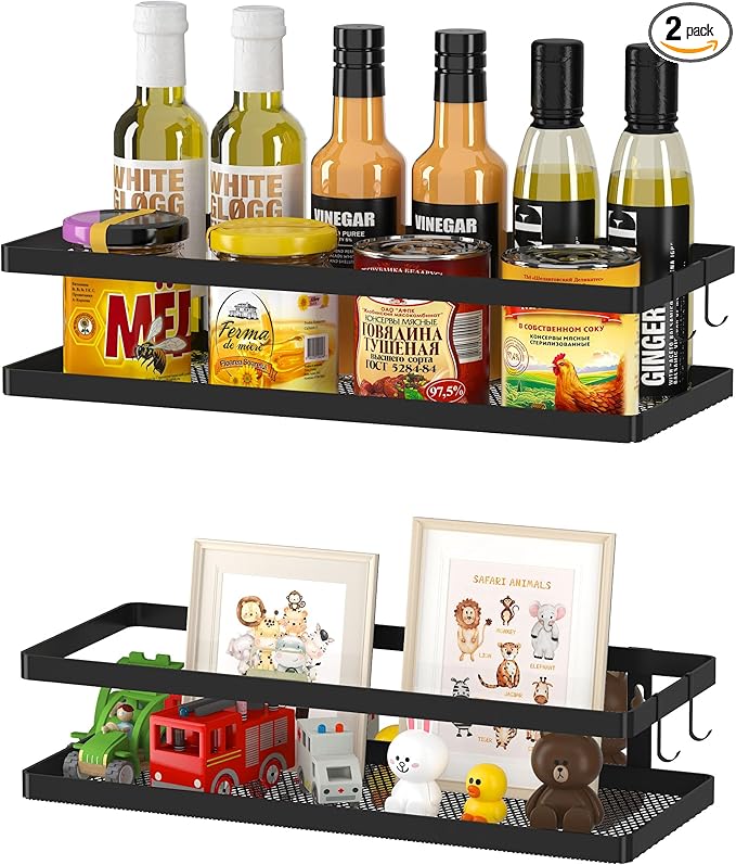 PUSDON Hanging Storage Baskets Organizer Wall Mount, Metal Wire Storage Bin Rack for Kitchen Bathroom Shower Spice Shelf Home Decor Essentials Black-2 Packs(Guardrail)