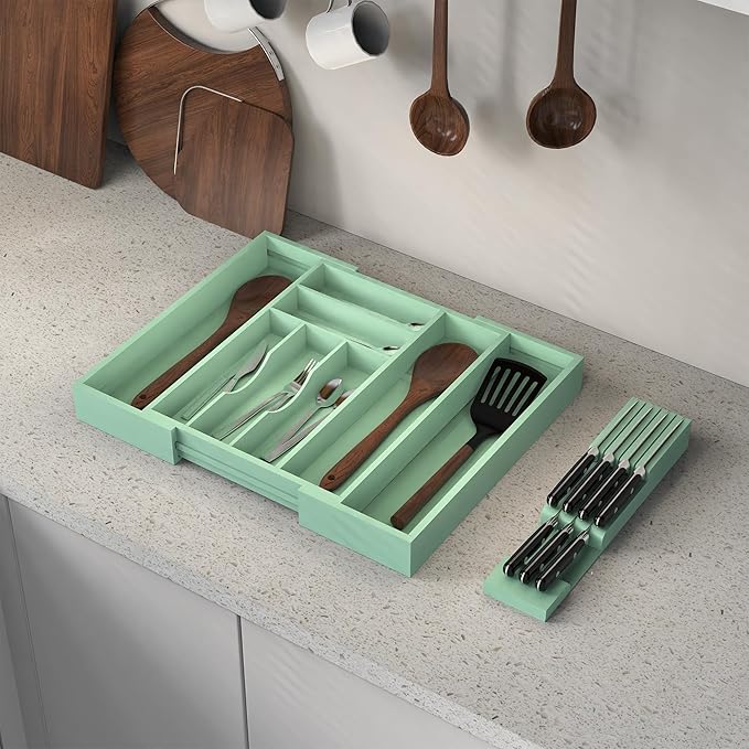 Bamboo Kitchen Drawer Organizer, Expandable Silverware Organizer with Removable Knife Block, 6-8 Slots - Utensil Holder & Cutlery Tray Drawer Dividers, 2.36" Deep for Extra Capacity, Cyan