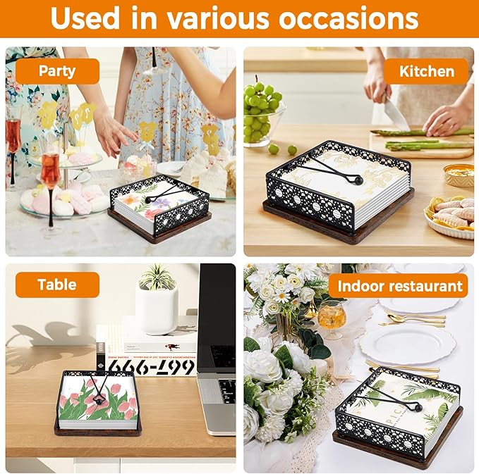 Wooden Napkin Holder for Table, Farmhouse Napkin Holder with Weighted Arm Iron Ball, and Vintage Sunflower Edging for Kitchen, Home, Countertop, Bar, Restaurant (Black Iron with Wood)