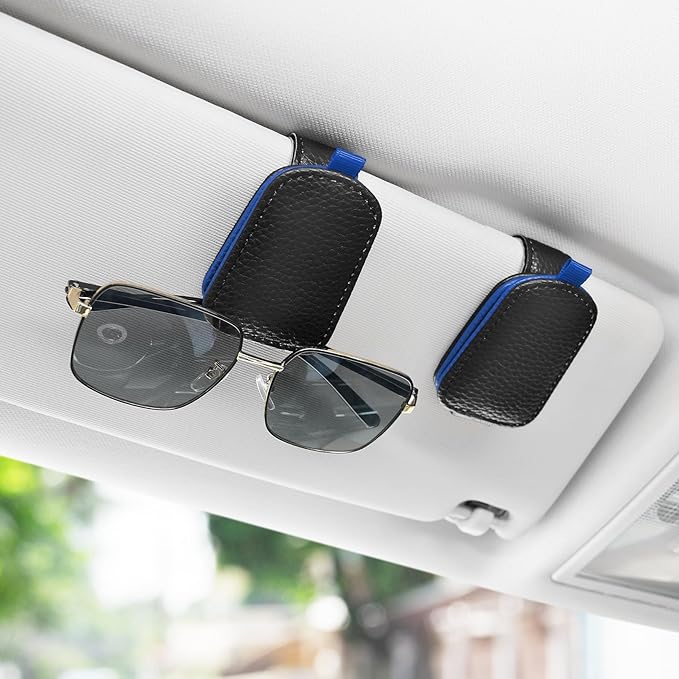 SINGARO Sunglasses Holder for Car, Leather Magnetic Buckle Sun Visor Sunglass Clip, Ticket Card Storage Glasses Clip, Car Interior Accessories for Men and Women（Black-Blue）