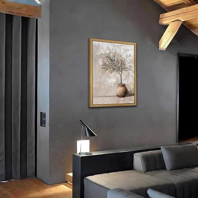 Wood Framed Olive Tree Canvas Wall Art, Room Aesthetic Oil Painting, Rustic Vintage Potted Plant Wall Decor, Neutral Botanical Artwork for Living Room Kitchen Dining Room Farmhouse Home Decor 12x16 in
