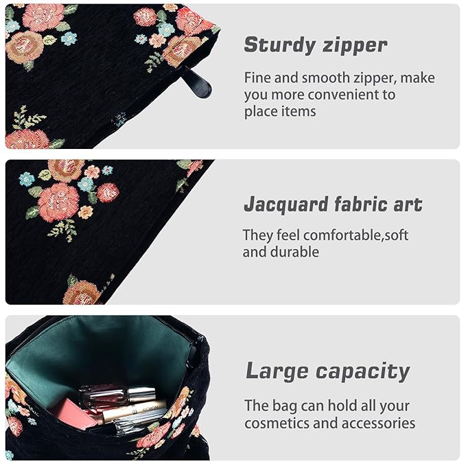 ZLFSRQ Makeup Bag Travel Cute Black Vintage Flower Floral Cosmetic Bags for Women Large Embroidery Toiletry Pouch Zipper Cosmetic Pouch for Purse Aesthetic Makeup Organizer Bag Portable Toiletry Bags