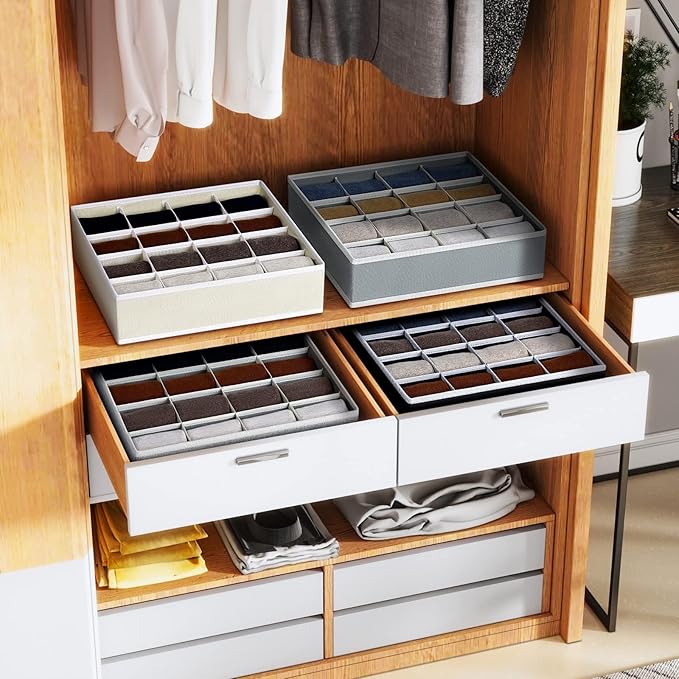 Joyoldelf Sock Drawer Organizer Divider Underwear Organizer 16-cell Fabric Dresser Drawer Organizers Storage Boxes for Socks Lingerie, Handkerchiefs, Ties 4 Pack (Grey)