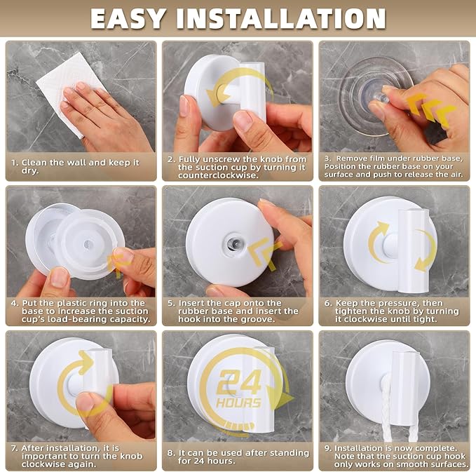 Suction Cup Hooks for Shower - Bathroom Reusable Hooks for Towels, Robes & Loofah - No-Drill Mounting on Kitchen,Walls,Metal,Glass,Mirrors,Tile & Smooth Non-Porous Surfaces (2, White)