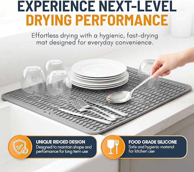 Silicone Dish Drying Mat for Kitchen Counter - Multi-Use 18 x 16 Inch Pad, Non-Slip & Heat-Resistant, Perfect Dish Drainer Mat by Linda’s Essentials, Ideal Kitchen Accessory (Gray)