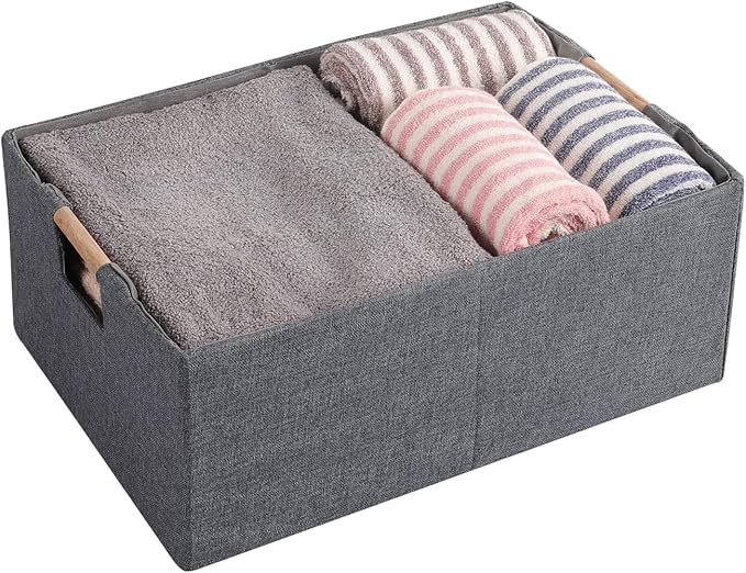 Fabric Storage Bin Box Foldable Cotton Linen Storage Basket with Wooden Handles Rectangular Cube Decorative Home Laundry Organizer Clothes Blanket Container – Gray, Large