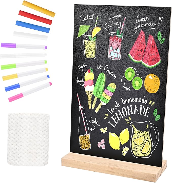 1 Pack 8.1x12 in Chalkboard Signs with Stand for Tables Small Chalk Board Signs Tabletop Message Board Sign with Wood Base for Home Decorations Coffee Shop Restaurant Kitchen Wedding Party