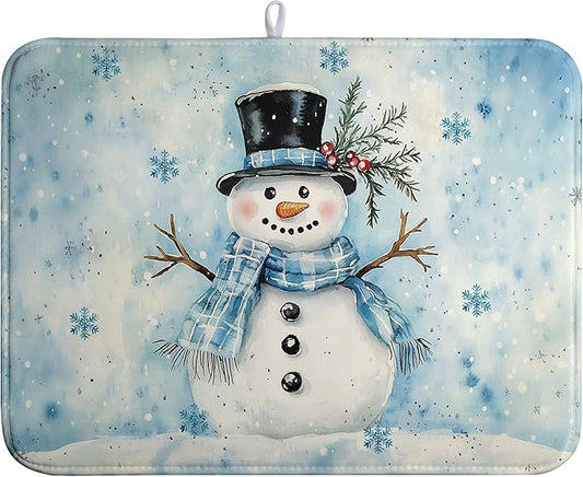 Snowman Super Absorbent Dish Drying Mat, 18x24 Inch, Winter Blue Snowflake Dish Drainer Rack, Large, Microfiber Dry Mat, Christmas Kitchen Accessory