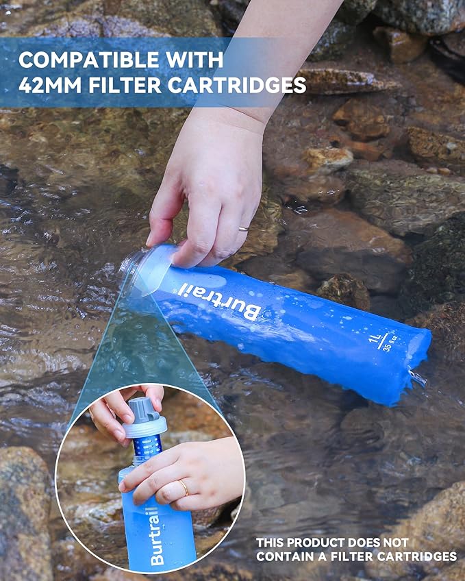 Ultralight Collapsible Water Bottle, Compatible with 42mm BeFree Water Filter Cartridge, 1.0L Leakproof Foldable Water Bottle for Camping, Backpacking, Travel & Endurance Sports
