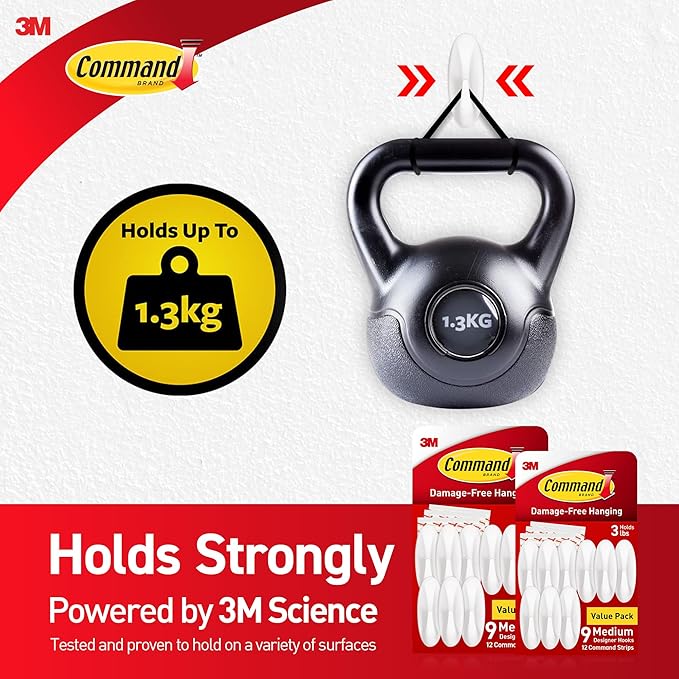 Command Medium Designer Hooks, Damage Free Hanging Wall Hooks with Adhesive Strips, No Tools Wall Hooks for Hanging Decorations in Living Spaces, 18 White Hooks and 24 Command Strips