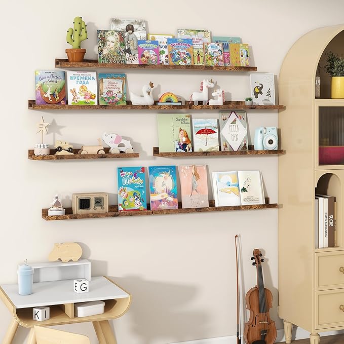 Fun Memories Picture Ledge Shelves Set of 2, 24 Inch Rustic Wall Mounted Floating Shelves with Lip for Home Storage and Décor in Bathroom, Kitchen, Nursery, Bedroom, Living Room, Brown