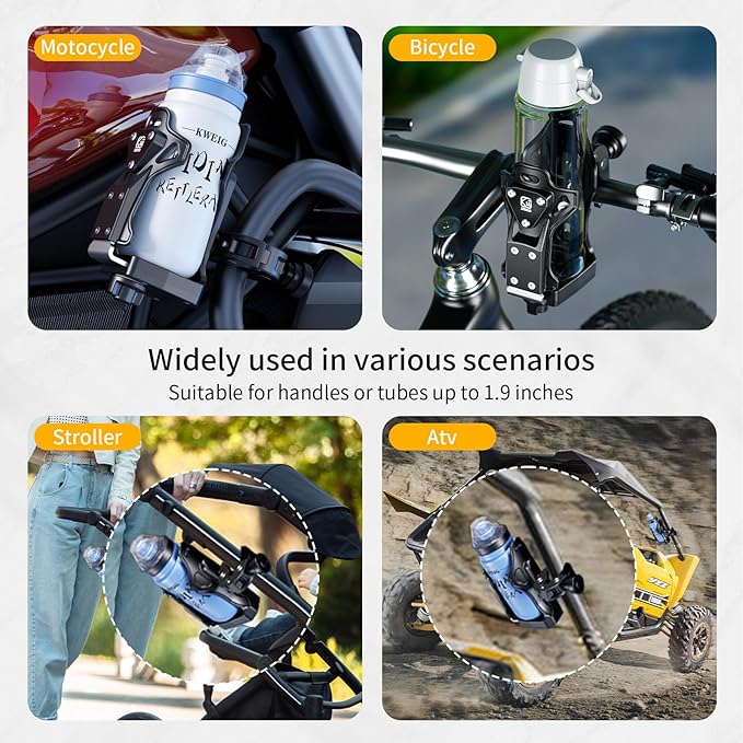 Kewig Anti-Theft Motorcycle Cup Holder, Extra Large Adjustable Size Bike Water Bottle Holder for 1.95-3.6" Diameter Bottles, Drink Holder for Stroller, Moto, Bicycle, Scooter, Wheelchair