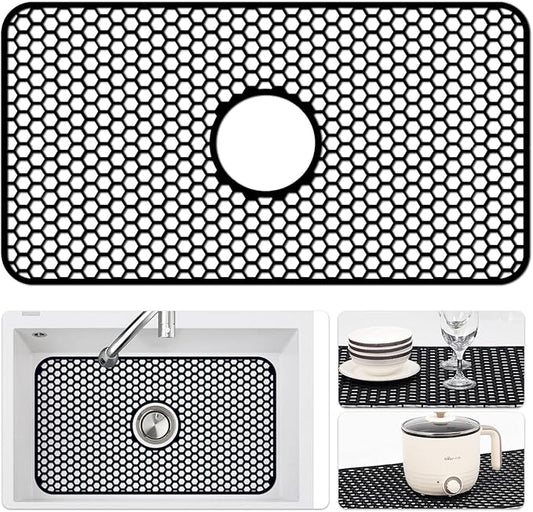 Silicone Sink Mat - 24.8''x13'' Sink Protector for Kitchen Sink with Center Drain - Kitchen Grid Accessory, Non-slip Heat Resistant Mat for Bottom of Farmhouse Stainless Steel (Center Hole)