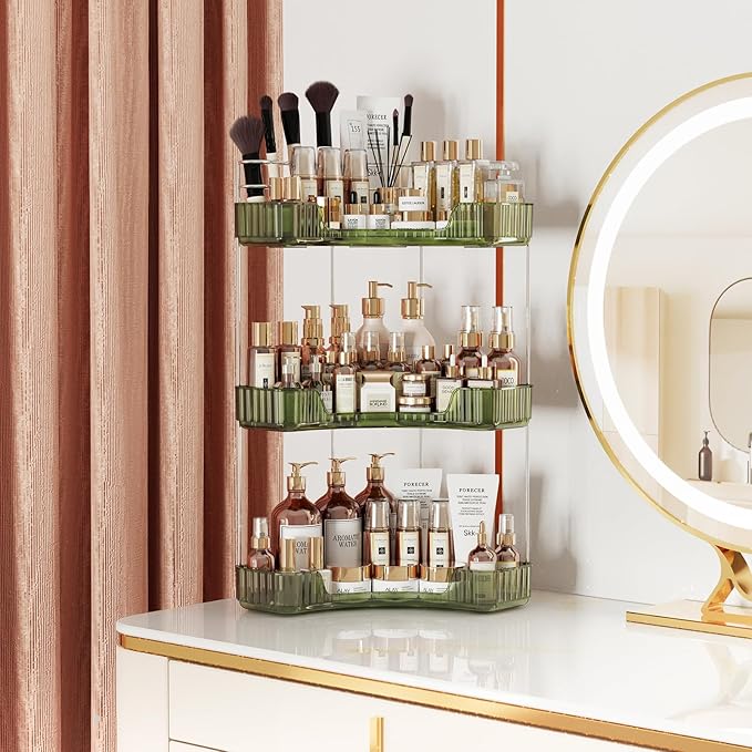 3-Tier Corner Bathroom Counter Organizer with Top Toothbrush Holders,Large Makeup Organizer Countertop with Brush Holder,Skincare Organizers Corner,Exquisite Vanity Organizer (Green, 3 Tier)