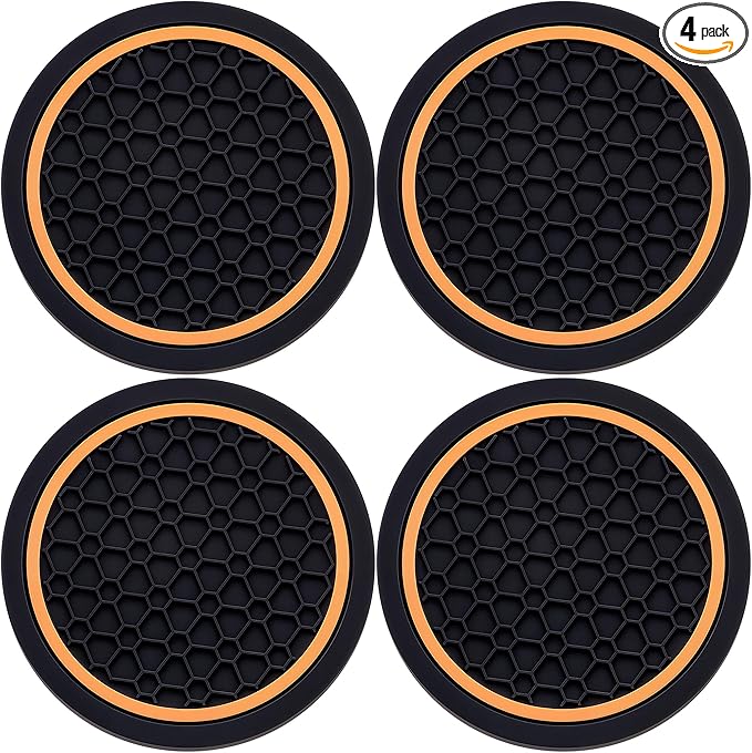 4-Piece Anti-Slip Car Cup Coaster Set – 2.75 Inch Auto Insert Drink Mats, Perfect for Coffee & Beverages – Stylish Interior Decor for Women & Girls (Black & Orange)