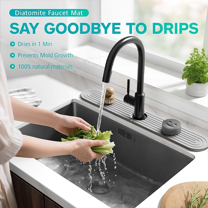 Stone Faucet Mat for Kitchen Sink – Diatomite Fast-Drying Stone Tray, Faucet Mat Sink Splash Guard, Decorative Sink Protector for Kitchen Bathroom Counter [Gray, 23.6''x3.9'']