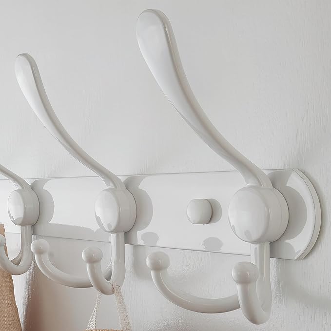 Dseap Coat Rack Wall Mount - 29.5” Long 8-Tri-Hooks Heavy Duty Coat Hanger Rail Wall Hooks for Hanging Coats Hats Clothing Clothes Purse Mudroom Entryway, White, Pack of 2