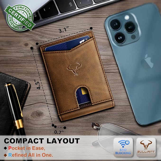 BULLIANT Men Wallet, Slim Leather Wallet Front Pocket Card Holder Gift For Men 11 Slots RFID Blocking
