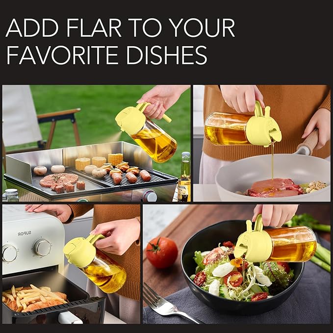 YARRAMATE 16oz/470ml Glass Olive Oil Sprayer for Cooking with Stickers, 2 in 1 Oil Dispenser for Kitchen Gadgets, Food Grade Premium Spray Bottle for Salad, Frying, BBQ (Pomelo)