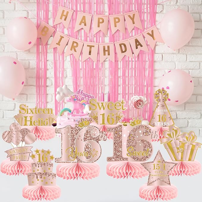 9Pcs 16th Birthday Decorations Pink Rose Gold Honeycomb Centerpieces for Girls,Happy 16th Birthday Table Centerpieces Party Supplies,Sixteen Year Old Birthday Table Toppers Decor