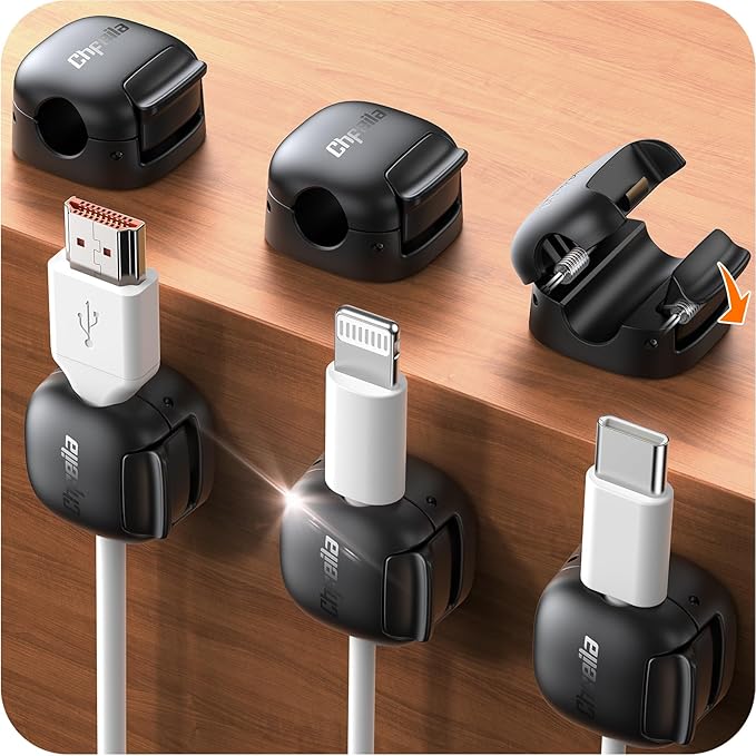 6-Pack Cord Organizer - Chfeila [Dual Spring & Clasp Lock] Cable Management Clips, Adhesive Phone Charger Keeper, Compact Wire Holder for Nightstand/Car, Home Office Desk Accessories Decor Essentials