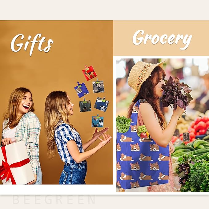 BeeGreen Cute Dog Cloth Gift Bags - Reusable Grocery Bag with Handles Foldable Washable 6 Pack - Extra Large Heavy Duty Tote Bag for Groceries (Bulk Holiday Packable Travel) - Shopping Bags for Women