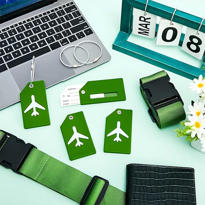 Weewooday 8 Pcs Luggage Straps Suitcase Tags Set for TSA Approved, 4 Travel Adjustable Suitcase Belt, 4 Silicone Luggage Tags with Name ID Card Travel Accessories(Green,Airplane)
