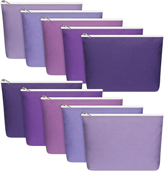 Reginary 10 Pcs Valentines Canvas Makeup Bags Bulk for Women Travel Toiletry Cosmetics Bags Blank DIY Pencil Pouch, Gift for Valentines Patrick's Day Wedding Bridal Shower Coworker(Purple)