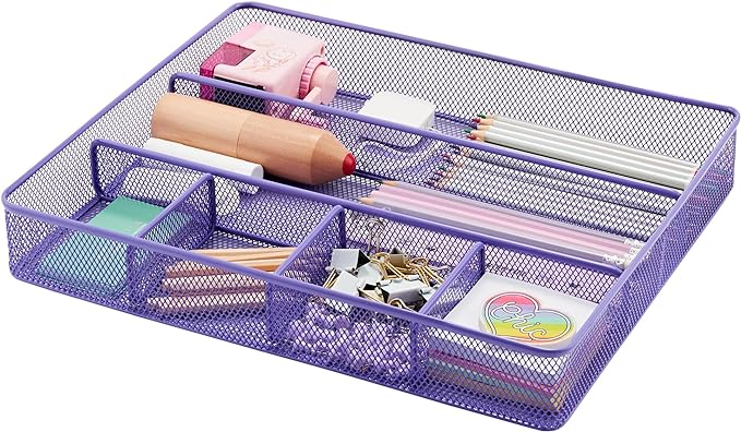 Annova Desk Top Organizer Tray for Office Organization - Metal Mesh - Storage Tray with Dividers for Pens, Desktop Accessories, Bathroom, Kitchen, Makeup and Office Supplies (Large, Purple)