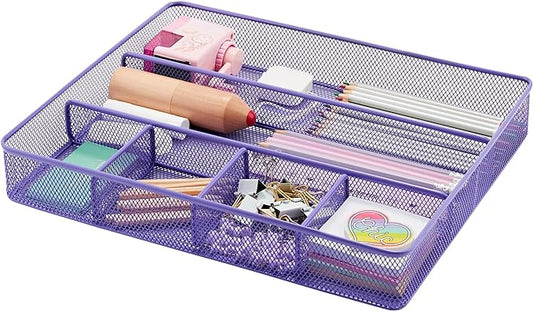 Annova Desk Top Organizer Tray for Office Organization - Metal Mesh - Storage Tray with Dividers for Pens, Desktop Accessories, Bathroom, Kitchen, Makeup and Office Supplies (Large, Purple)