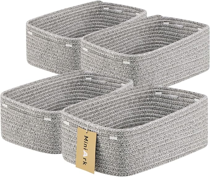 MiniArk Small Storage Baskets for Organizing | Closet Organizer Bins | Shelf Toy Basket | Woven Rope Baskets | Cube Decorative Box | Shallow Basket | 13x8.5x5.1” | 4 Packs Mixed Grey