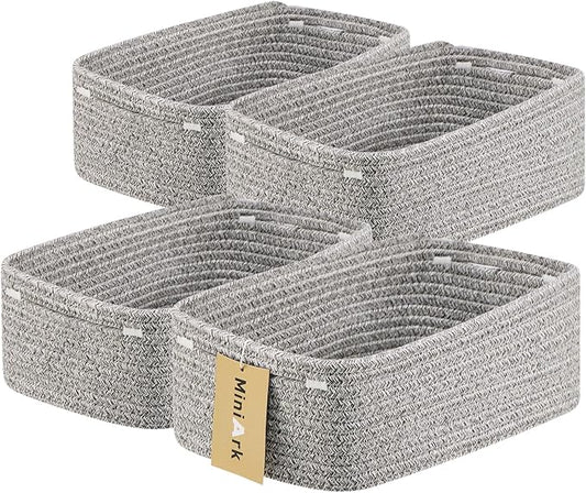MiniArk Small Storage Baskets for Organizing | Closet Organizer Bins | Shelf Toy Basket | Woven Rope Baskets | Cube Decorative Box | Shallow Basket | 13x8.5x5.1” | 4 Packs Mixed Grey