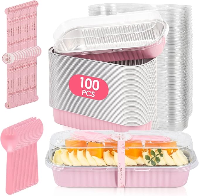 100 Pack Mini Cake Pans with Lids and Spoons, Disposable Aluminum Foil Cake Tins（6.8oz） Individual Small Cake Baking Containers for Party, Wedding, Birthday