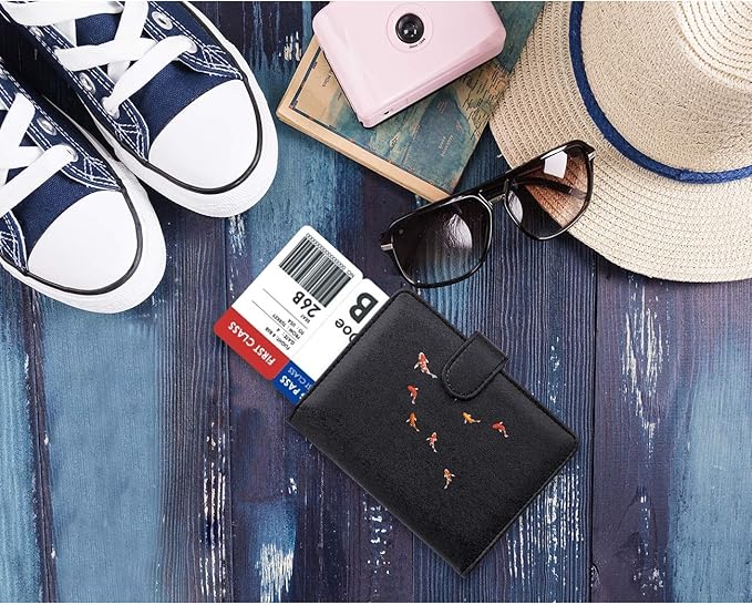 WALNEW Passport Holder for Travel, RFID Passport Cover Wallet for Women Men, PU Leather Passport Book Card Holder Case with Pen (Buckle Closure, Buckle-Carp)