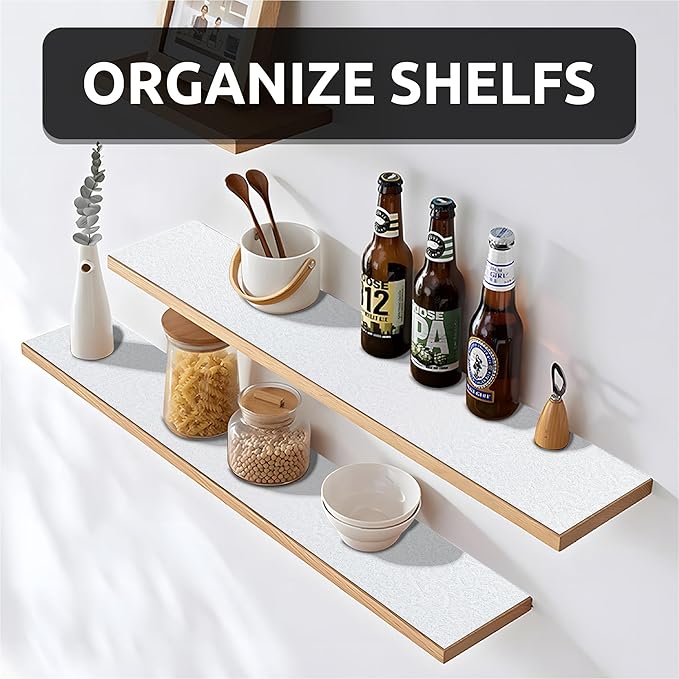 12X120 Inch Shelf Liner with Scissor & Tape Measure for Kitchen Cabinets, PVC Drawer Liner for Dresser Non-Slip Bathroom, Non-Adhesive Cabinet Liner Washable (White)