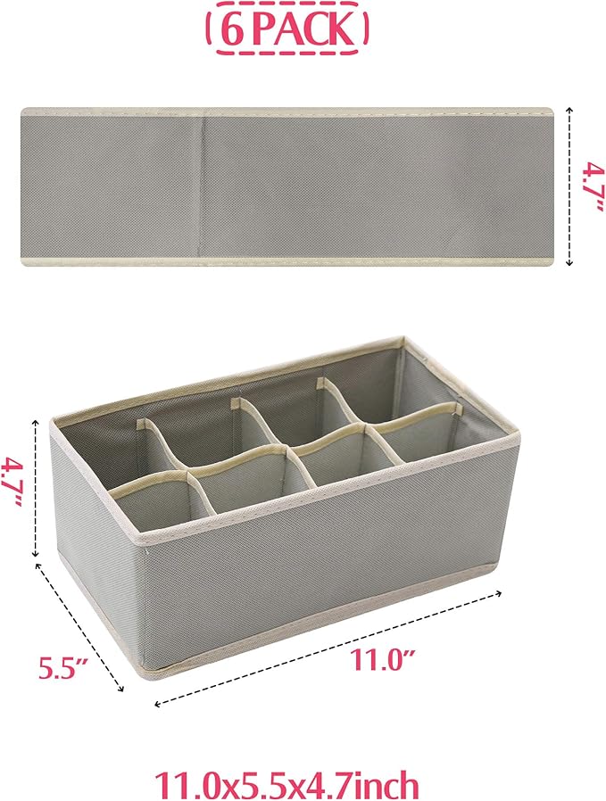 DIOMMELL Set of 6 Foldable Cloth Storage Box Closet Dresser Drawer Organizer Fabric Baskets Bins Containers Divider for Clothes Underwear Socks Lingerie Clothing, Grey 00-0600