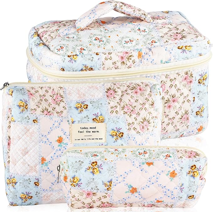 3Pcs Cotton Quilted Makeup Bag for Women Girls Large Small Travel Floral Cosmetic Bags Set Cute Coquette Makeup Pouch for Purse Aesthetic Cloth Bee&Flower Storage Toiletry Bag Organizer