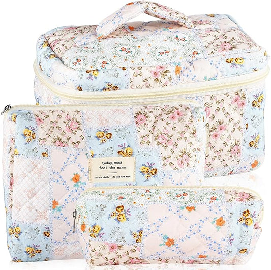 3Pcs Cotton Quilted Makeup Bag for Women Girls Large Small Travel Floral Cosmetic Bags Set Cute Coquette Makeup Pouch for Purse Aesthetic Cloth Bee&Flower Storage Toiletry Bag Organizer