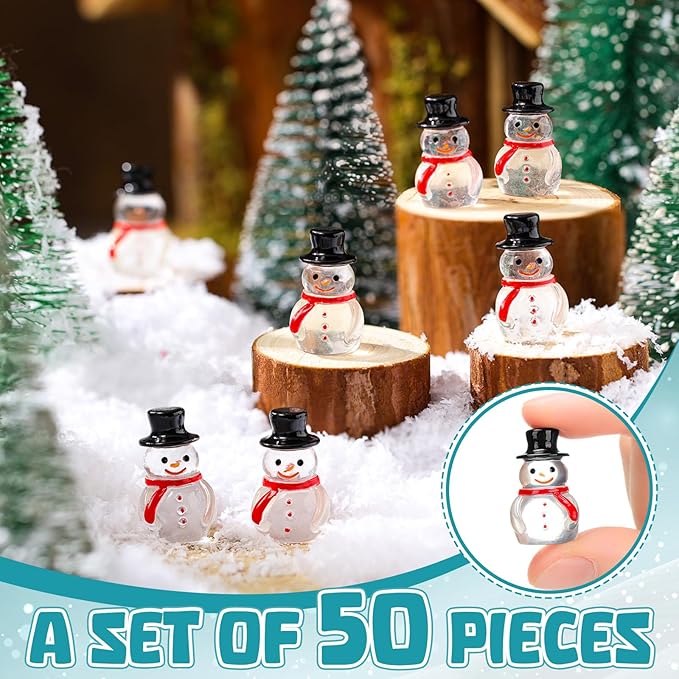 Wenqik 50 Pcs Winter Mini Snowman Figurines Glow in The Dark Christmas Resin Luminous Clear Snowman for DIY Micro Landscape Home Crafts Xmas Party Cake Toppers Decor