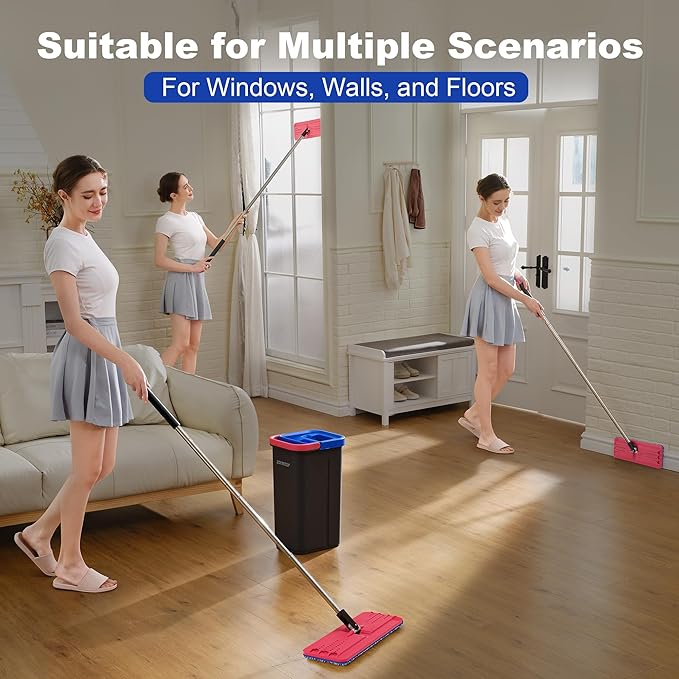 JOYMOOP Microfiber Flat Mop and Bucket System, Floor & Wall Cleaning, Wet Dry Mop for Home & Commercial Use, 60" Long Handle, Includes 5 Washable Pads