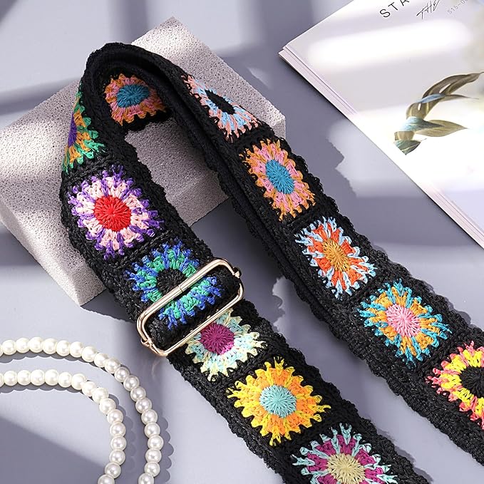 Wide Purse straps Crochet Flower replacement crossbody for Handbag Adjustable Embroidery Knit Guitar Shoulder strap