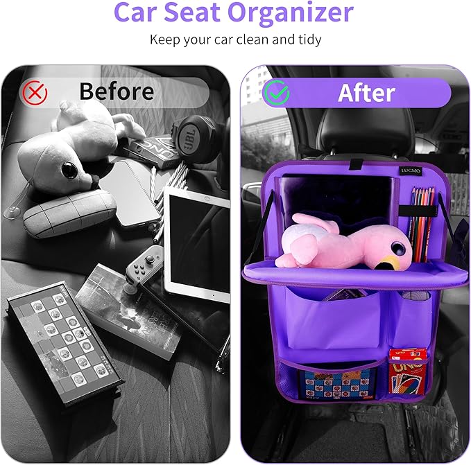 LUCMO Car Backseat Organizer with Tablet Holder, 6 Storage Pockets Car Storage Organizer with Foldable Food Tray, Seat Protectors Kick Mats Travel Accessories - Dark Purple