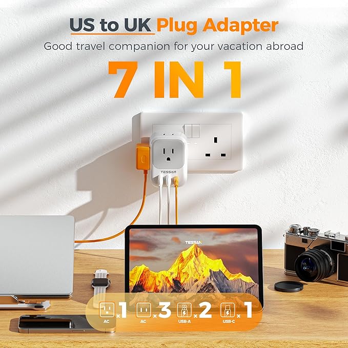 UK Adapters for Travel, TESSAN US to UK Ireland Plug Adapter 20W, Foldable Power Adapter with 4 Outlets 3 USB (PD 20W 1 USB C) Charger, Type G for USA to Scotland London England Hong Kong Dubai Ireland