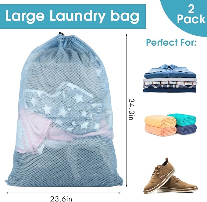 2 Pack Mesh Laundry Bags, 23 x 34 Inches Heavy Duty Mesh Laundry Bag, Large Laundry Drawstring Bag for College, Dorm, Travel, Family and Apartment Dwellers, Aqua