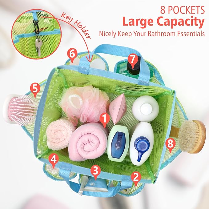 F-color Mesh Shower Caddy Portable, Upgraded Deeper 7 Pockets Shower Bag Basket Bag Tote for College Dorm Room Toiletry Bathroom Essentials Gym Camp Quick Dry 2 handles with S Hook