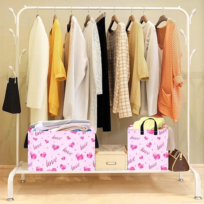 Rec Heart Print Box Hamper Storage Basket Collapsible Organizer Bin Gift Shelf Baskets for Home and Kitchen Storage