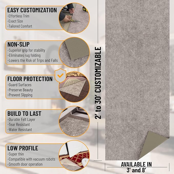 Ottomanson 3' x 6' Non-Slip Rug Pad Gripper 1/4 Inch Thick Dual Surface Felt + Rubber Gripper - Safe for All Floors, Brown